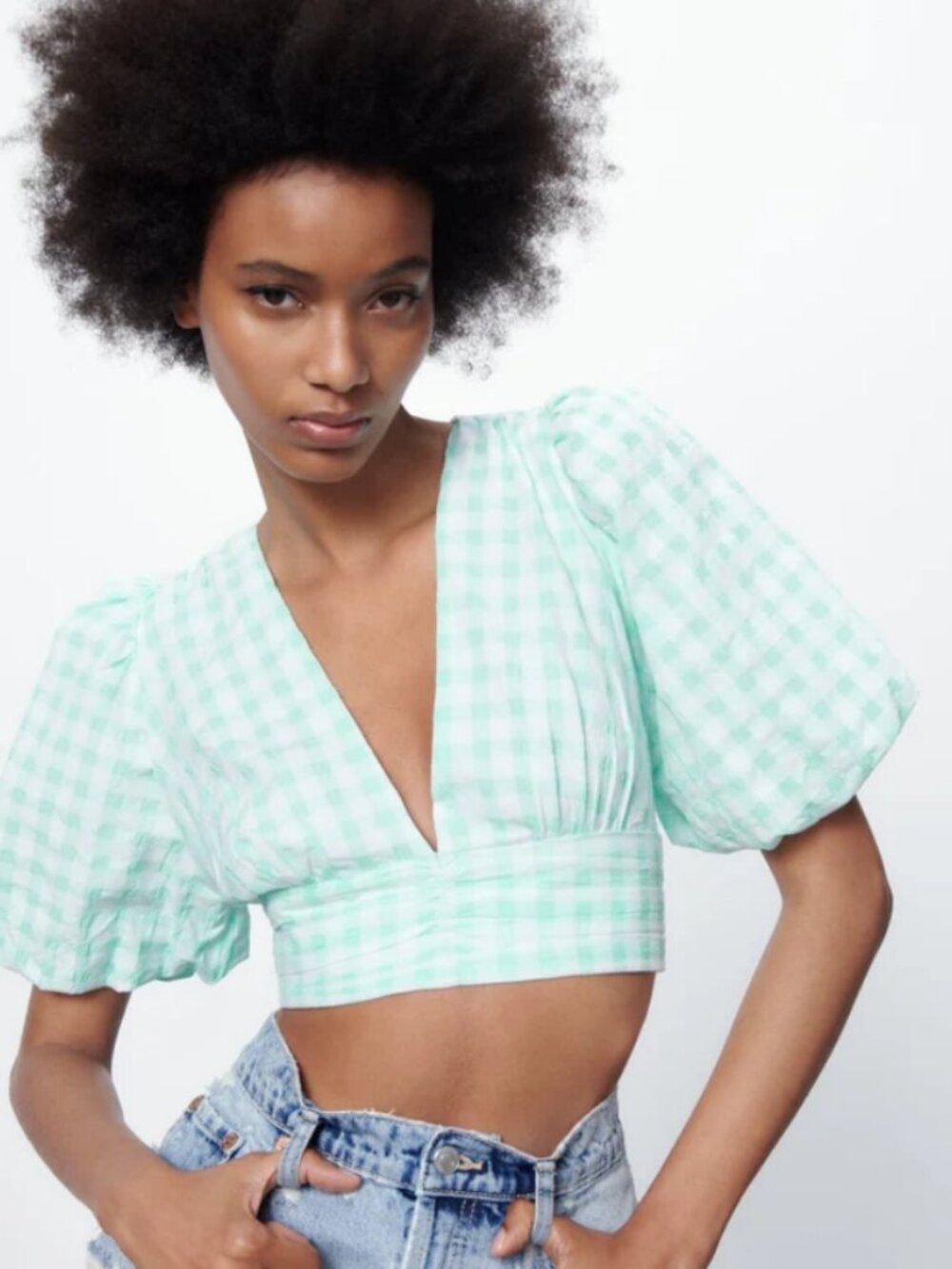 Zara Halter Puff Sleeve Crop Top | Light Green Gingham | Size S